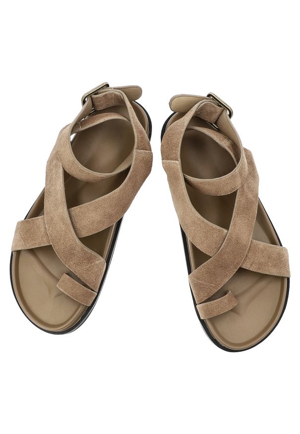 Sandały damskie S.Barski, cholewka ze skóry naturalnej zamszowej pasek wokół kostki płaska podeszwa casualowy styl, beżowe, CR61-3049. Okazja: na co dzień. Zapięcie: pasek. Kolor: beżowy. Materiał: skóra, zamsz. Obcas: na płaskiej podeszwie. Styl: casual