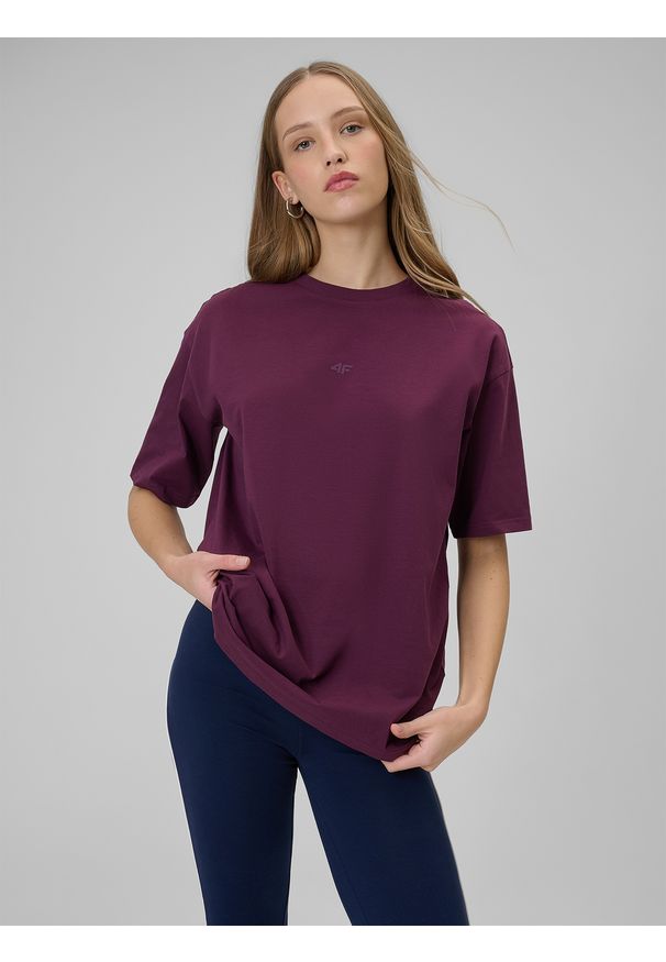 4f - 4F T-shirt loose gładki damski - burgundowy S. Okazja: na co dzień. Kolor: czerwony. Materiał: materiał, bawełna. Wzór: gładki. Styl: casual