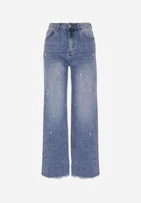 Born2be - Niebieskie Jeansy z Szerokimi Nogawkami i Wysokim Stanem Zdobione Cyrkoniami Felira. Okazja: na co dzień, do pracy. Stan: podwyższony. Kolor: niebieski. Wzór: aplikacja. Styl: casual, elegancki #3