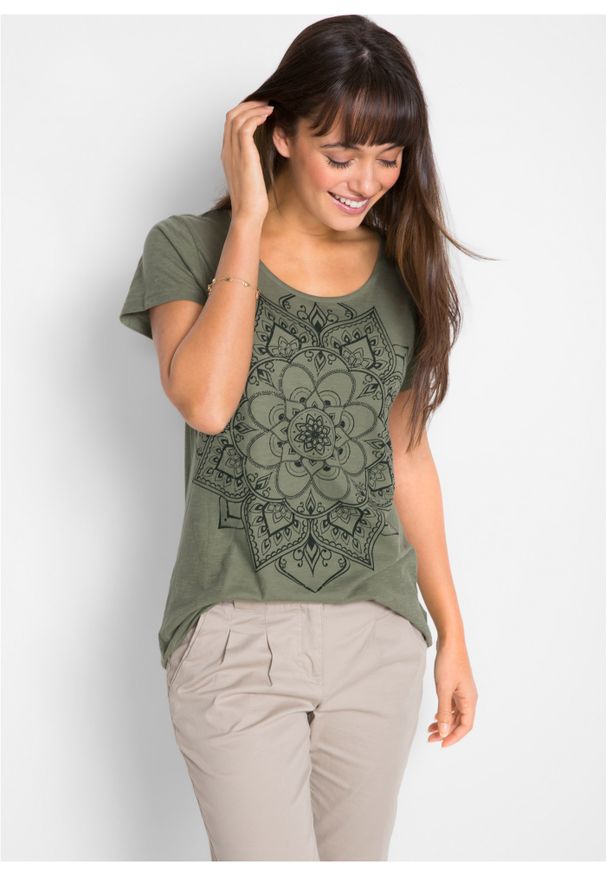 bonprix - Shirt z przędzy mieszankowej, krótki rękaw. Kolor: zielony. Długość rękawa: krótki rękaw. Długość: krótkie. Wzór: nadruk