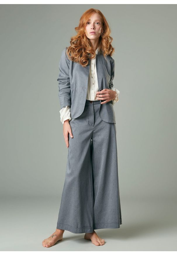 Spodnie z szerokimi nogawkami 9/8 Alessia Santi. Kolor: szary. Materiał: len, włókno, bawełna. Wzór: prążki. Styl: klasyczny