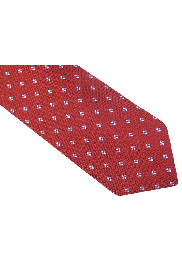 Modini - Czerwony krawat w biało-niebieskie kropki D92. Kolor: biały, wielokolorowy, czerwony, niebieski. Materiał: mikrofibra, tkanina. Wzór: kropki