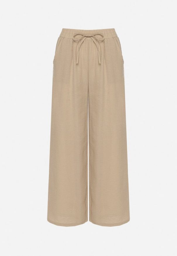 Born2be - Beżowe Spodnie o Szerokim Kroju Palazzo z Wysokim Stanem i Wiązaniem Araloria. Okazja: na co dzień. Stan: podwyższony. Kolor: beżowy. Styl: casual, elegancki