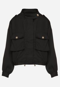 Born2be - Czarna Kurtka ze Stójką i Ozdobnymi Guzikami Ściągana w Pasie Troczkiem Basalle. Okazja: na co dzień. Typ kołnierza: kołnierzyk stójkowy. Kolor: czarny. Materiał: jeans. Styl: casual, elegancki #3