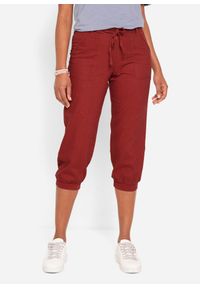 bonprix - Spodnie 3/4 z lnem, z wygodnym paskiem, Loose Fit. Kolor: czerwony. Materiał: len. Wzór: prążki #1