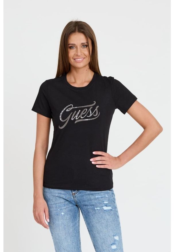 Guess - GUESS Czarny damski T-shirt bawełnany STONES&EMBRO TEE, Rozmiar M. Kolor: czarny
