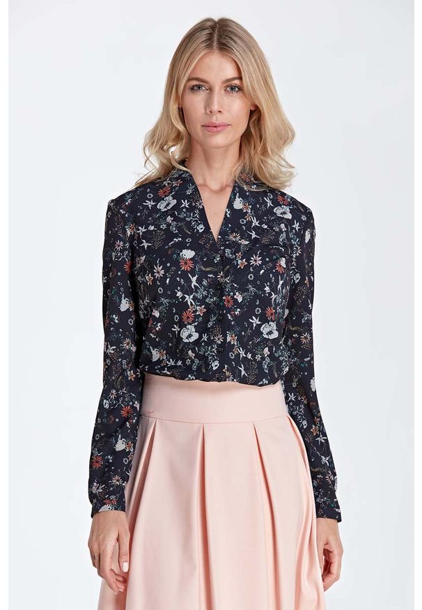Nife - Elegancka Koszulowa Bluzka z Dekoltem w Szpic - Wzór Ecru. Materiał: poliester, elastan. Styl: elegancki