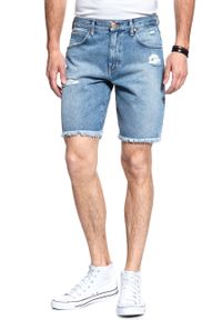 Wrangler - KRÓTKIE SPODENKI WRANGLER REGULAR SHORTS SALTED RIPS W15UER040. Materiał: jeans. Długość: krótkie. Wzór: aplikacja. Styl: retro, klasyczny #9