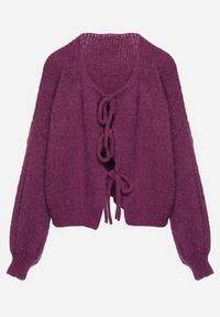 Born2be - Fioletowy Kardigan Oversize z Wełną Zdobiony Kokardkami Eleathalie. Okazja: na co dzień. Typ kołnierza: kokarda. Kolor: fioletowy. Materiał: wełna. Wzór: aplikacja. Styl: casual, elegancki #2