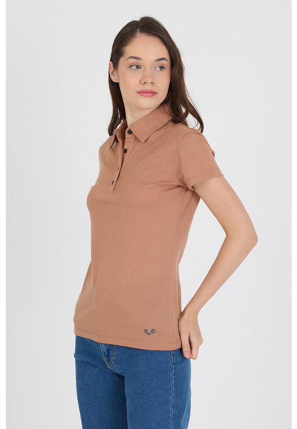 WOOLONA - Koszulka Polo Damska 100% Merino Woolona. Typ kołnierza: polo. Kolor: brązowy