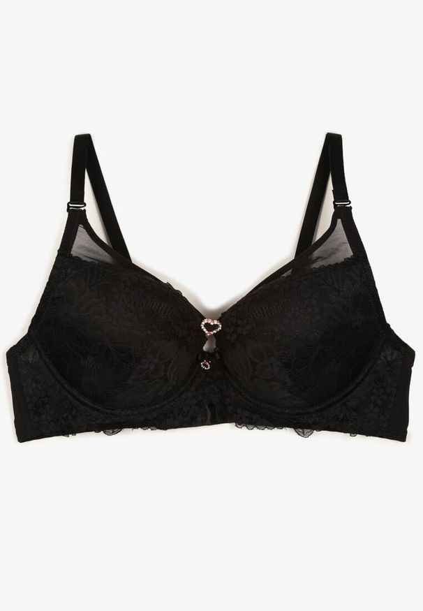 Born2be - Czarny Biustonosz Ozdobiony Koronką i Transparentnymi Wstawkami Temindara. Kolor: czarny. Materiał: koronka. Rodzaj stanika: push-up. Wzór: aplikacja, koronka