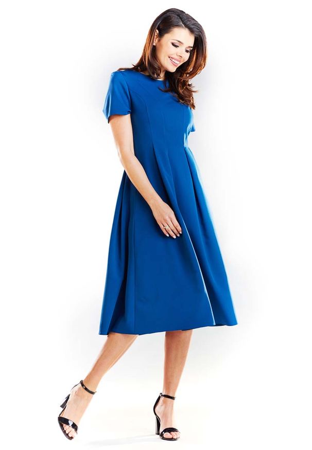 Awama - Niebieska Elegancka Rozkloszowana Sukienka z Krótkim Rękawem. Kolor: niebieski. Materiał: poliester, elastan, wiskoza. Długość rękawa: krótki rękaw. Styl: elegancki