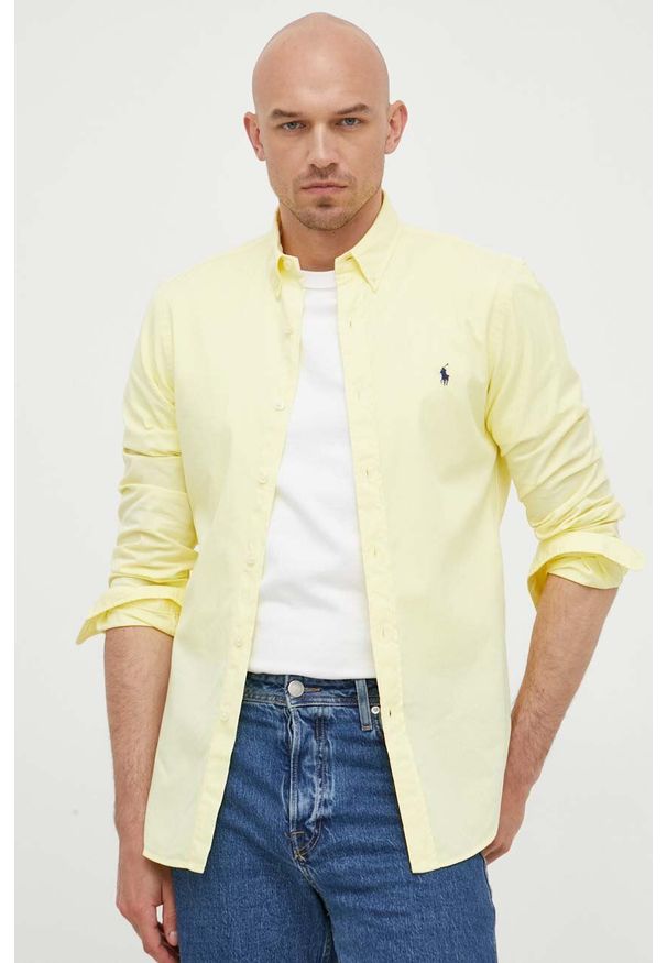 Polo Ralph Lauren koszula bawełniana męska kolor żółty slim z kołnierzykiem button-down. Okazja: na co dzień. Typ kołnierza: button down, polo. Kolor: żółty. Materiał: bawełna. Wzór: aplikacja. Styl: casual