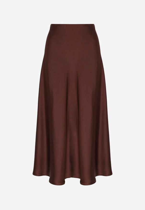 Born2be - Brązowa Rozkloszowana Midi Spódnica Satynowa Zapinana na Suwak z Gumką w Pasie Williwarne. Stan: podwyższony. Kolor: brązowy. Materiał: satyna