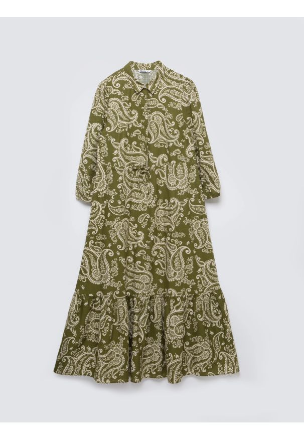 Big-Star - Sukienka damska midi ze wzorem paisley zielona Mazekin 301. Okazja: na co dzień. Typ kołnierza: kołnierzyk klasyczny. Kolor: zielony. Materiał: tkanina. Wzór: paisley. Typ sukienki: proste. Styl: casual, klasyczny, boho. Długość: midi