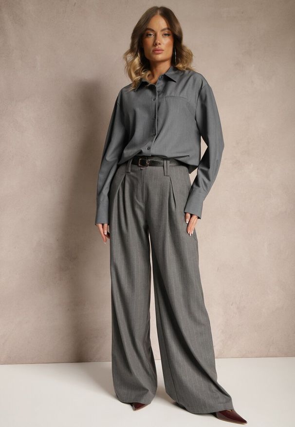 Renee - Ciemnoszare Szerokie Spodnie z Wiskozą w Garniturowym Stylu Filorra. Okazja: do pracy, na co dzień, na spotkanie biznesowe. Kolor: szary. Materiał: wiskoza. Styl: casual, sportowy, biznesowy