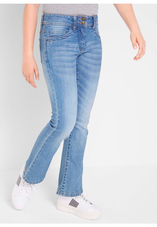 Dżinsy dziewczęce ze stretchem BOOTCUT bonprix niebieski "medium bleached". Kolor: niebieski