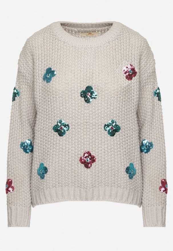 Born2be - Jasnoszary Sweter z Tłoczonej Dzianiny z Wiskozą Zdobiony Cekinowymi Kwiatami Edamara. Okazja: na co dzień. Kolor: szary. Materiał: wiskoza, dzianina. Długość rękawa: długi rękaw. Długość: długie. Wzór: kwiaty, aplikacja. Styl: wizytowy, klasyczny, casual