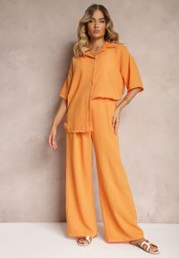 Renee - Pomarańczowy 2-Częściowy Komplet Koszula z Krótkim Rękawem Spodnie z Gumką w Pasie Vimacia. Kolor: pomarańczowy. Materiał: materiał #3