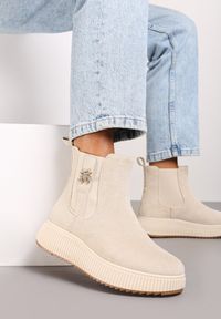 Born2be - Beżowe Botki Sztyblety na Platformie z Metalowym Detalem przy Cholewce Danellia. Okazja: na co dzień. Kolor: beżowy. Materiał: jeans. Szerokość cholewki: normalna. Obcas: na platformie. Styl: casual, elegancki #5