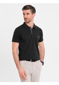 Ombre Clothing - Koszulka męska polo z dekoltem na zamek - czarna V6 - Rozmiar: M. Okazja: na co dzień. Typ kołnierza: polo. Kolor: czarny. Materiał: bawełna, elastan, dzianina. Styl: sportowy, casual, elegancki