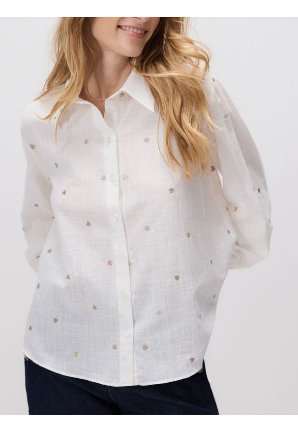 Reserved - Koszula z haftowanym wzorem - złamana biel. Materiał: len, bawełna, tkanina. Wzór: haft