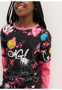 bonprix - Shirt dziewczęcy w optyce warstwowego, z bawełny organicznej. Kolor: czarny. Materiał: bawełna. Wzór: nadruk #2