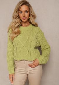 Renee - Jasnozielony Klasyczny Sweter z Modnym Splotem Wykończony Ściągaczami Viala. Kolor: zielony. Wzór: ze splotem. Sezon: zima. Styl: klasyczny #1