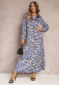 Renee - Granatowo-Niebieska Rozkloszowana Sukienka Koszulowa w Fantazyjny Print Alendia. Kolor: niebieski. Wzór: nadruk. Typ sukienki: koszulowe #1