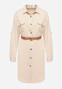 Renee - Beżowa Koszulowa Sukienka Ozdobiona Paskiem i Rękawem z Regulacją Esaviona. Okazja: na co dzień. Kolor: beżowy. Materiał: jeans. Wzór: aplikacja. Typ sukienki: koszulowe. Styl: casual, elegancki #6