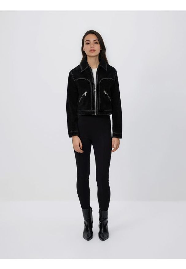 Reserved - Legginsy z ozdobną taśmą - czarny. Kolor: czarny. Materiał: wiskoza, dzianina