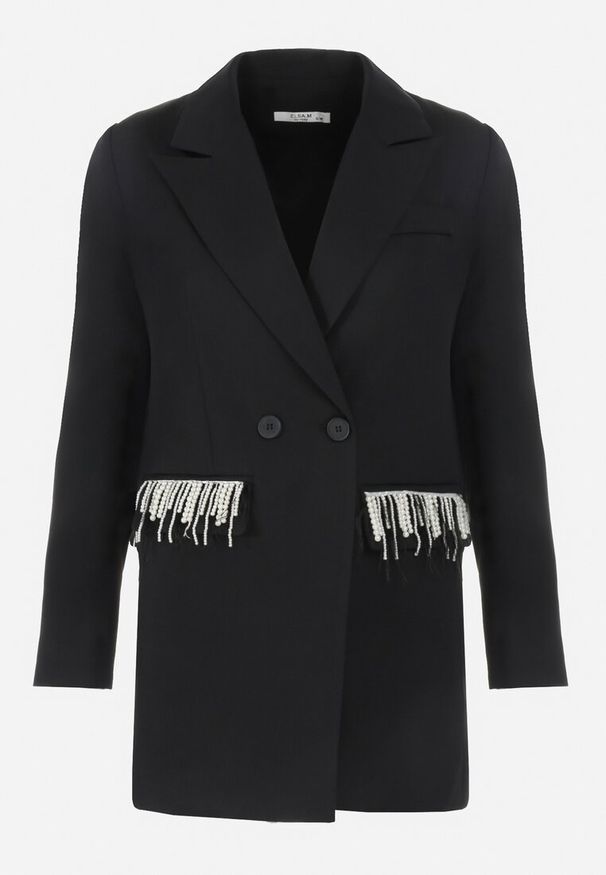 Born2be - Czarna Marynarka Dwurzędowa z Frędzlami przy Kieszeniach Chephe. Okazja: na imprezę. Kolor: czarny. Długość: długie