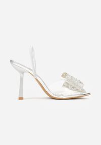 Renee - Srebrne Transparentne Sandały na Klepsydrowej Szpilce z Kokardą i Cyrkoniami Feralia. Okazja: na imprezę. Kolor: srebrny. Materiał: jeans. Sezon: wiosna. Styl: elegancki #4