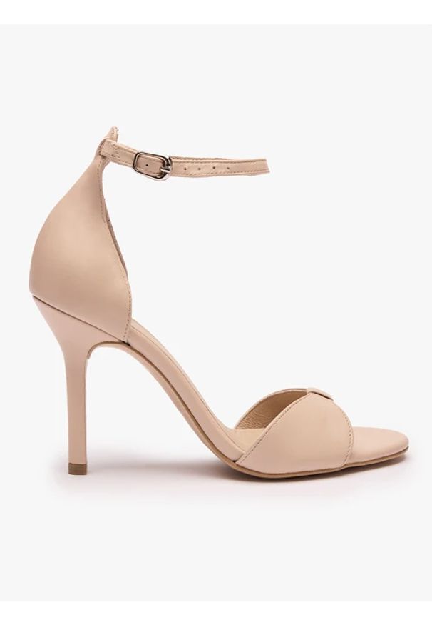 Ryłko - Beżowe sandały na wysokim obcasie. Zapięcie: sprzączka. Kolor: beżowy. Materiał: skóra. Obcas: na obcasie. Styl: street, klasyczny, elegancki. Wysokość obcasa: wysoki