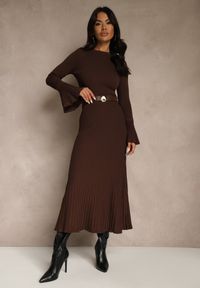 Renee - Brązowa Sweterkowa Sukienka Longsleeve z Wiskozą z Paskiem z Klamerką Muszelką Retine. Okazja: na imprezę. Kolor: brązowy. Materiał: wiskoza. Długość rękawa: długi rękaw. Styl: elegancki #5