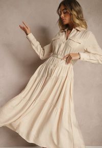 Renee - Beżowa Rozkloszowana Sukienka z Wiskozy z Guzikami i Paskiem Ronesa. Okazja: na co dzień. Kolor: beżowy. Materiał: wiskoza. Typ sukienki: proste. Styl: elegancki, casual #4
