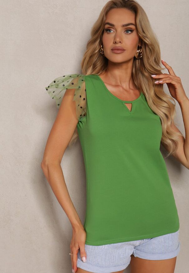 Renee - Zielony Top z Bawełny z Ozdobną Siateczką na Ramionach Tilefia. Okazja: na co dzień. Kolor: zielony. Materiał: bawełna. Styl: casual