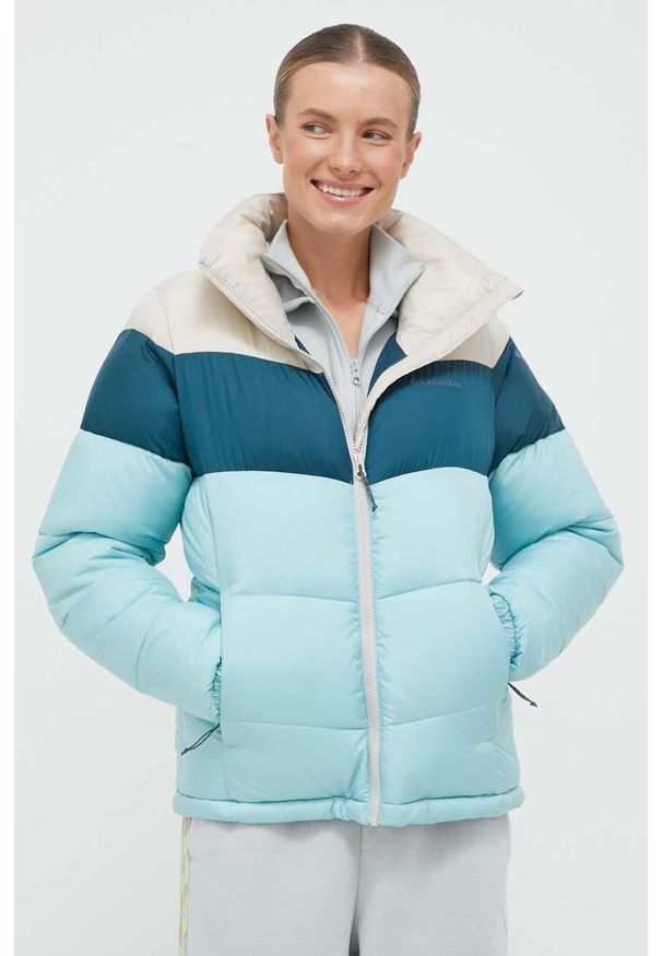 columbia - Columbia kurtka Puffect Color Block Jkt damska kolor turkusowy zimowa 1955101. Kolor: turkusowy. Materiał: tkanina, syntetyk, materiał, puch. Wzór: ze splotem. Sezon: zima