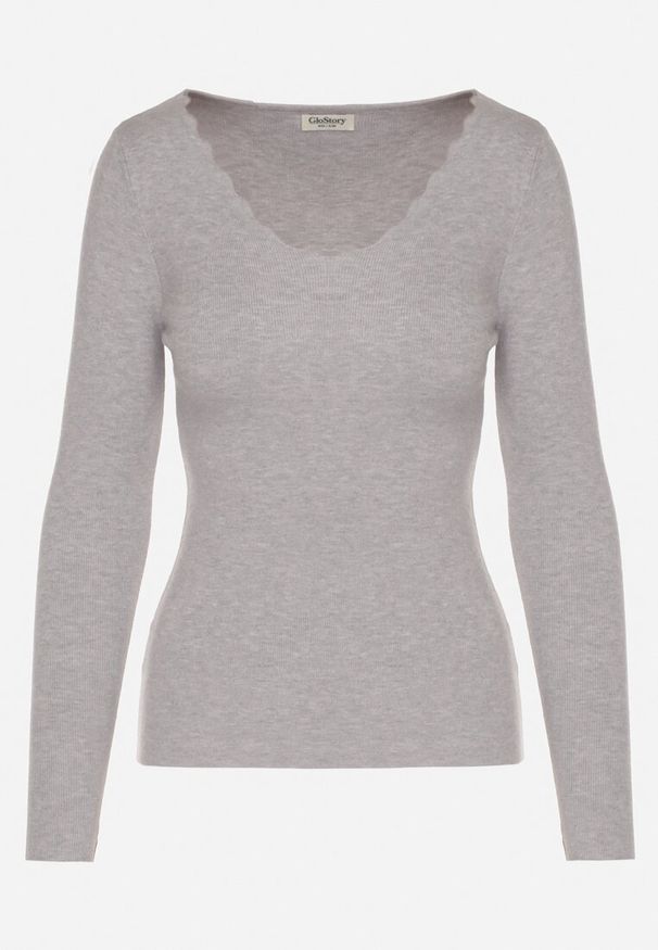 Born2be - Szary Dopasowany Sweter z Nieregularnym Dekoltem w Serek Fenarela. Okazja: na co dzień, do pracy, na spotkanie biznesowe. Typ kołnierza: dekolt w serek. Kolor: szary. Materiał: jeans. Styl: biznesowy, casual