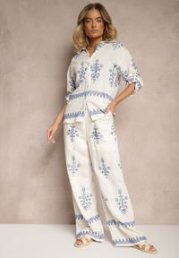 Renee - Biały Wiskozowy Komplet Boho Koszula i Spodnie z Haftowanym Zdobieniem Helhiris. Kolor: biały. Materiał: wiskoza. Wzór: haft, aplikacja