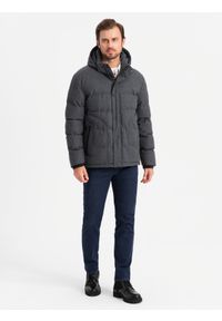 Ombre Clothing - Casualowa męska kurtka puffer z wełną – czarny melanż V2 - Rozmiar: L. Okazja: na co dzień. Typ kołnierza: kołnierzyk stójkowy. Kolor: czarny. Materiał: wełna. Długość: długie. Wzór: melanż. Styl: casual #8