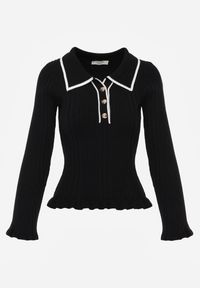Born2be - Czarny Sweter z Wiskozą w Stylu Retro z Kołnierzykiem i Guzikami Sarrise. Okazja: na co dzień, na spotkanie biznesowe, do pracy. Typ kołnierza: kołnierz z falbankami. Kolor: czarny. Materiał: wiskoza. Wzór: aplikacja. Styl: retro #4