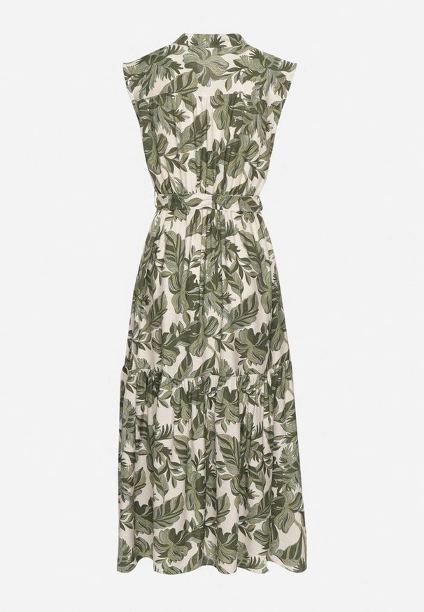 Born2be - Zielona Rozkloszowana Sukienka Bez Rękawów z Wiskozy z Wiązanym Paskiem Reviosae. Okazja: na co dzień. Typ kołnierza: dekolt w serek. Kolor: zielony. Materiał: wiskoza. Długość rękawa: bez rękawów. Typ sukienki: rozkloszowane. Styl: casual, klasyczny