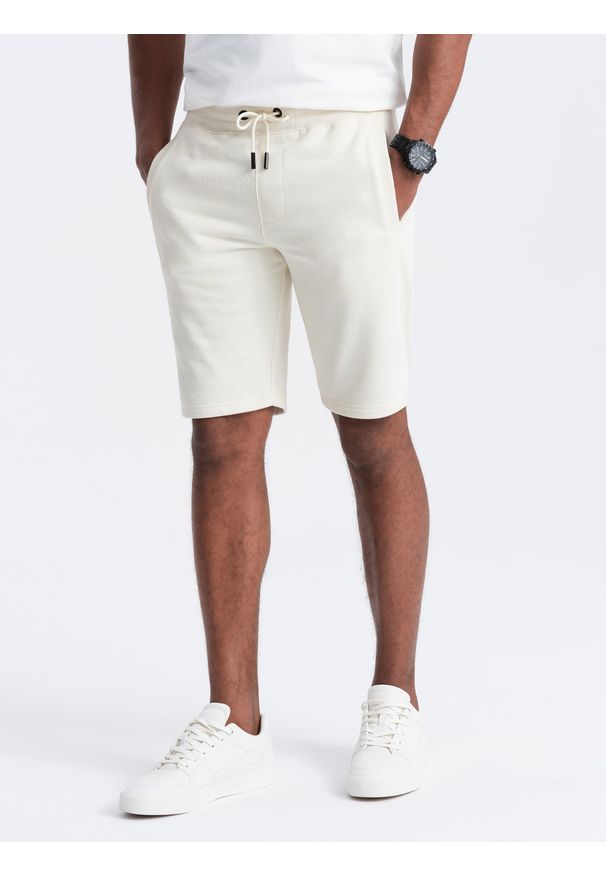 Ombre Clothing - Szorty męskie dresowe przed kolano BASIC – kremowe V5 - Rozmiar: XXL. Okazja: na co dzień. Kolor: kremowy. Materiał: dresówka. Styl: sportowy, casual