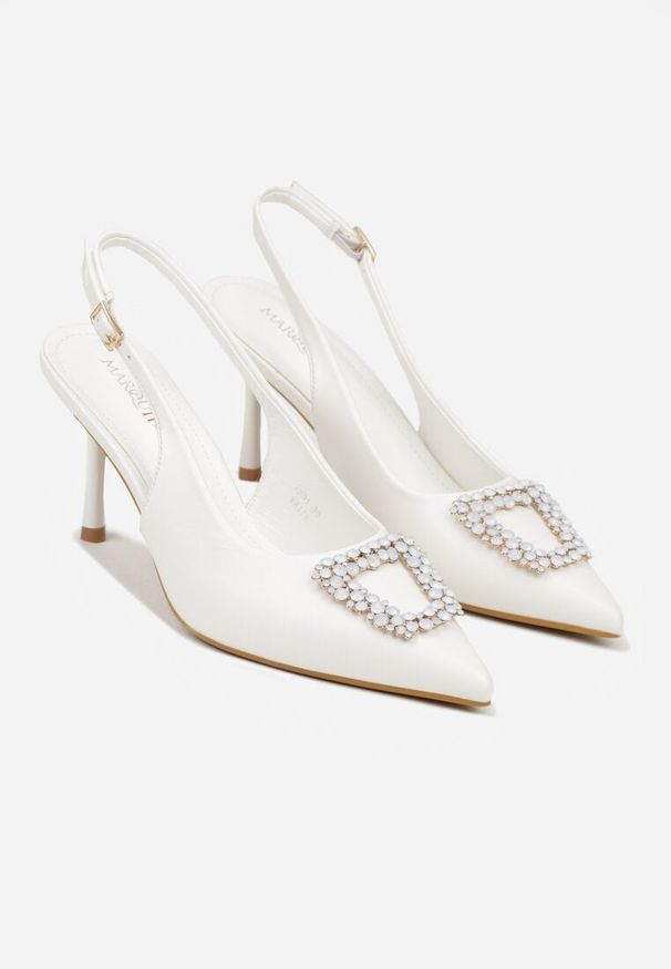 Renee - Białe Sandały na Szpilce Ozdobione Aplikacją z Cyrkoniami Isleheart. Zapięcie: sprzączka. Kolor: biały. Materiał: jeans. Wzór: aplikacja. Obcas: na szpilce. Styl: elegancki