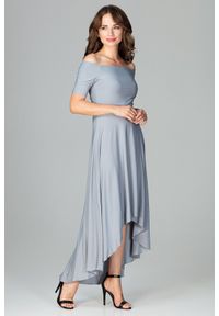 Lenitif - Asymetryczna sukienka z odkrytymi ramionami szara. Kolor: szary. Materiał: tkanina. Wzór: gładki. Typ sukienki: asymetryczne, z odkrytymi ramionami. Styl: elegancki #1