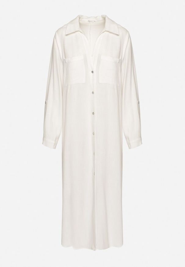 Born2be - Biała Koszulowa Sukienka z Lnem i Wiskozą z Regulowanymi Rękawami Melvezia. Okazja: na co dzień. Kolor: biały. Materiał: wiskoza, len. Typ sukienki: koszulowe. Styl: casual