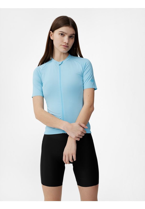 4f - Koszulka rowerowa szosowa damska. Kolor: niebieski. Materiał: skóra, materiał, dzianina. Długość rękawa: krótki rękaw. Sport: kolarstwo, fitness
