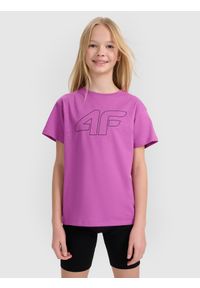 4f - T-shirt oversize z nadrukiem dziewczęcy - fioletowy. Okazja: na co dzień. Kolor: fioletowy. Materiał: bawełna, jersey, dzianina. Wzór: nadruk. Styl: sportowy, casual, klasyczny