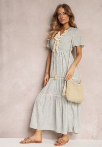 Renee - Jasnoniebieska Sukienka Boho z Chwostami i Ażurowymi Zdobieniami Poniti. Kolor: niebieski. Długość rękawa: krótki rękaw. Wzór: aplikacja, ażurowy. Typ sukienki: rozkloszowane. Styl: boho. Długość: maxi #5